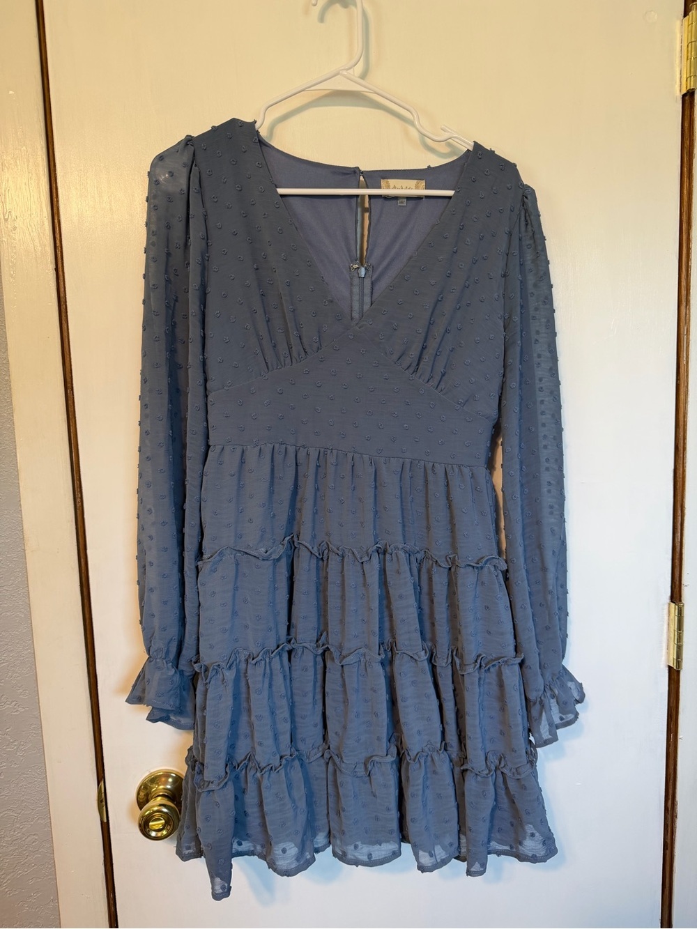 Altar'd State Blue Textured V-Neck Ruffle Tiered Long Sleeve Dress - Picture 1 of 3
